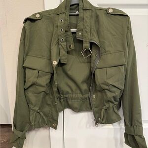 Olive Green Cropped Military Utility Jacket Adjustable Waist